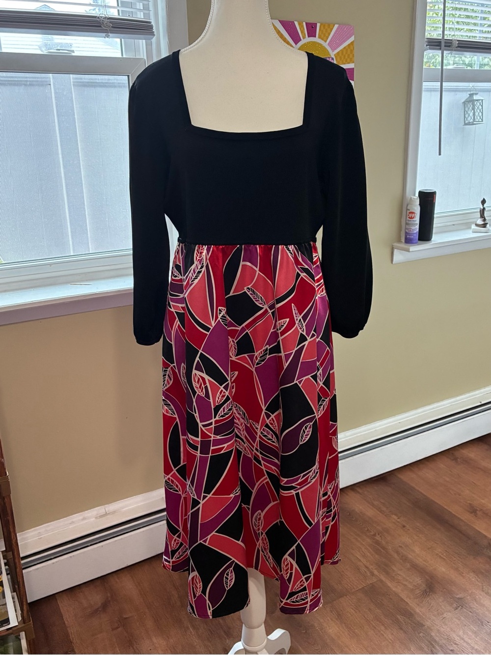 Style & Co. Black Bodice Midi Dress with Pink and Red Abstract Skirt